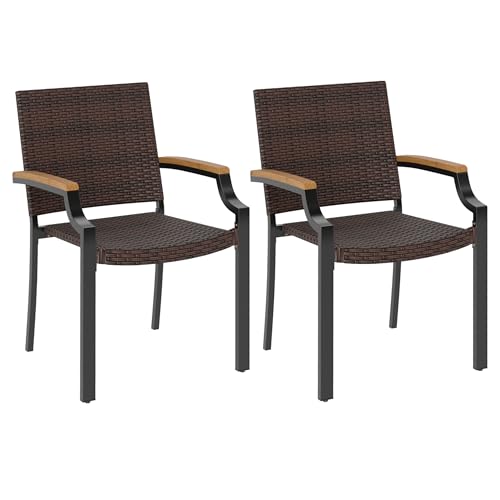 Tangkula Stackable Patio Wicker Dining Chairs Set of 2, Outdoor Rattan Chairs with Acacia Wood Armrests & Metal Frame, 400 lbs Max Load, Space-Saving Outside Chairs for Backyard, Porch, Deck & Garden