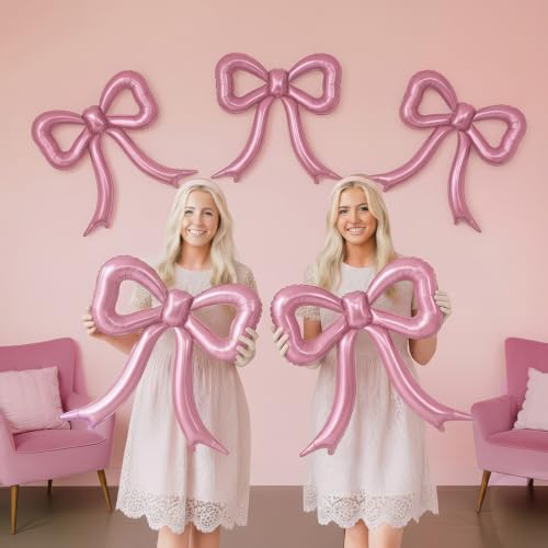 5 Pcs Pink Bows Balloons Party Decorations for Girl Women Pink Bow Birthday Decorations Giant Foil Balloon Baby Shower Bridal Engagement Wedding Decor Bachelorette K-pop music Theme Party Supplies