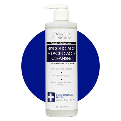 Advanced Clinicals Glycolic Acid Exfoliating Face Wash For Women & Men | Lactic Acid & Salicylic Acid Facial Cleanser | Glycerin Gel Gleanser Helps Gently Exfoliate & Cleanse Dirt & Oil 11.75 Fl Oz