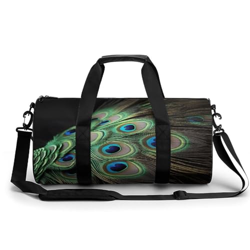 Sac de bagage de sport imprimé plumes de paon vertes cylindrique 45cm