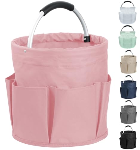 Image of 17L Portable Shower Caddy with 6 Side Pockets, Foldable Cleaning Supply Caddy with Handle, Garden Tool Bag in 600D Oxford Fabric, Multifunctional Storage Basket for Showers, Picnics, Pink