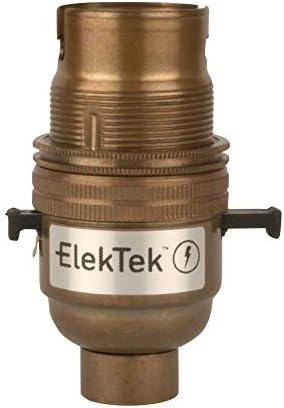 ElekTek Safety Switch Lamp Bulb Holder B22 BC Bayonet Cap & Shade Ring 10mm/M10x1 Threaded Bottom Entry Antique Brass Made in UK - Child Safe Switch Push Bar locks OFF & cuts power when no bulb fitted