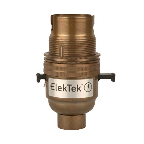 ElekTek Safety Switch Lamp Bulb Holder B22 BC Bayonet Cap & Shade Ring 10mm/M10x1 Threaded Bottom Entry Antique Brass Made in UK - Child Safe Switch Push Bar locks OFF & cuts power when no bulb fitted