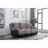Nathaniel Home Manual Double Reclining Sofa PU Leather Upholstered 3-Seat Couch for Living Room Home Theater, Gray