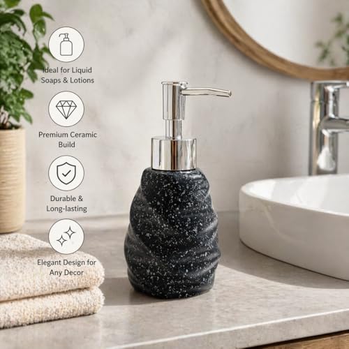 Image of Whizzo Premium Textured Ceramic Soap Dispenser for Bathroom & Kitchen | Refillable Lotion Dispenser with Chrome Pump | Modern Speckled Design | Durable, Stylish & Eco-Friendly (300ML, LD-214, Black)