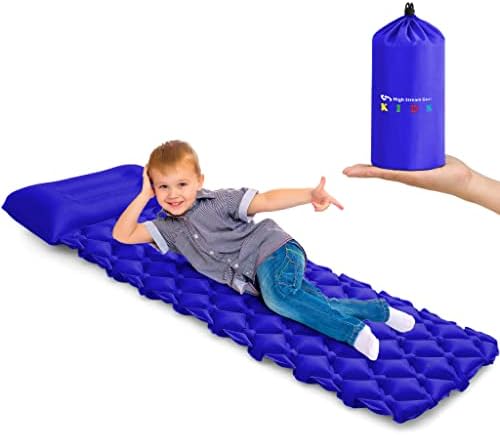 High Stream Gear Kids Sleeping Pad for Camping & Sleepovers with Pillow - Thick Toddler's Cot Sleeping pad for Kids, Inflatable Air Mattress for Backpacking & Travel, Fast Inflating Mat (Blue)