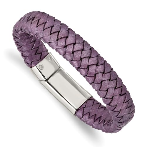 Stainless Steel Polished Metallic Purple Braided Leather Bracelet 7.5