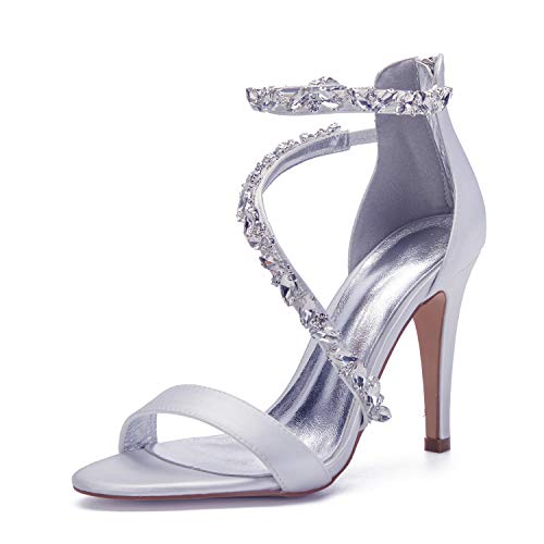 Women's Wedding Bridal Satin Heels Sandals Mid Heels Ankle Strap Crystal Zipper Back Formal Evening Prom Party Dress Shoes Pumps