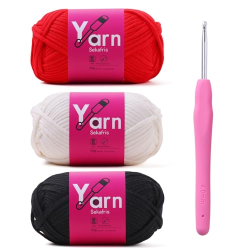 Image of Crochet Yarn 150g /163.5yds Cotton Yarn for Crocheting - Crochet Knitting Yarn for Beginners with Easy-to-See Stitches - Yarn for Crocheting - Parfait Chunky Yarn (Crimson+White+Black)