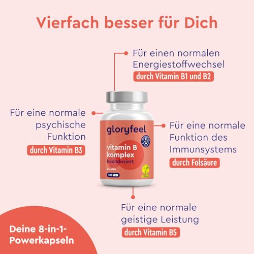 Vitamin B Komplex - 200 Kapseln (7 Monate) - 10-fach hochdosiert - Mit 500µg B12 + höchst bioaktiv - Alle 8 B-Vitamine (B1, B2, B3, B5, B6, B7, B9, B12) - Vegan & laborgeprüft