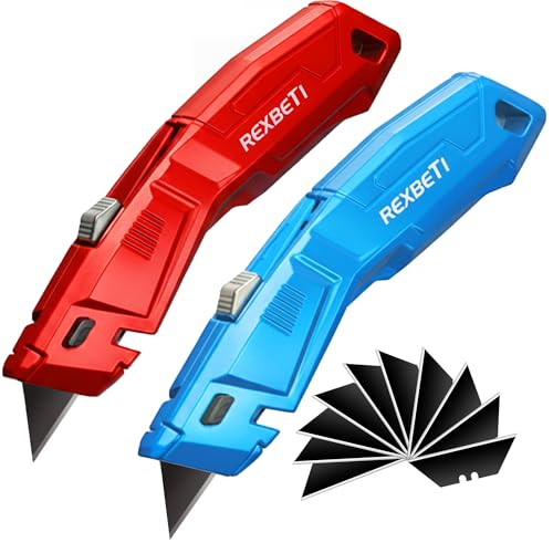 Image of REXBETI 2 Pack Utility Knife with Extra Blades, 2 Color Retractable Blade Heavy Duty Box Cutter for Cartons，Cardboard and Boxes，Extra 10 Blades Included