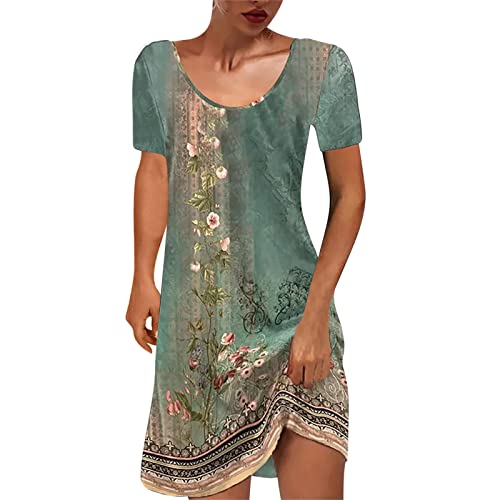 Sommerkleid Damen Knielang Kurzarm T-Shirt Kleider Lässiges Rundhals Boho Strandkleider Sommer Elegant Minikleid Bunte Blumen Drucke Blusenkleid...