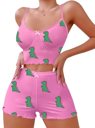 Image of Hilinker Women's Sexy 2 Piece Pajama Set Ribbed Cami Top and Shorts Sleepwear Cute Pjs Pink Dinosaur X-Large