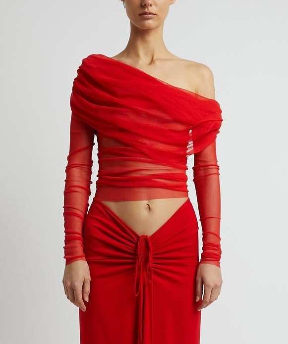 Womens Off Shoulder Long Sleeve Top Ruched Mesh Sexy Crop Shirt Slash Neck Slim Fit See Through Sheer Tee Tops - Image 2