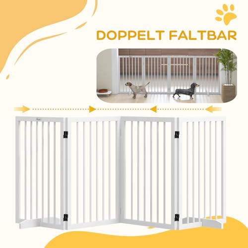 PawHut Absperrgitter Hund 4-teilig 206 x 76 cm Faltbar Türschutzgitter mit 2 Stützfüßen Freistehend Hundegitter aus Holz Treppengitter für Flur Weiß