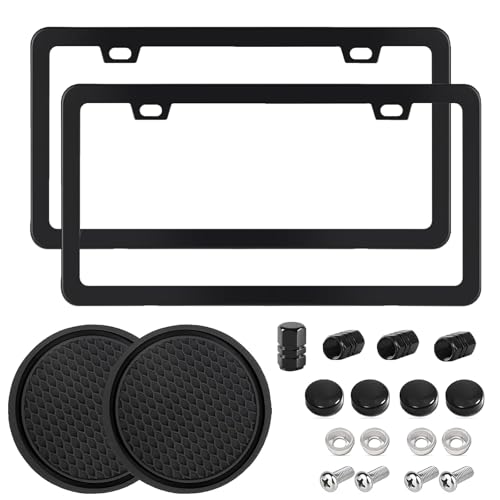 Black 2 Pack License Plate Frame for Car Matte Metal Aluminum Rust-Proof License Plate Holder Cover Gloss Black Front Rear Number Tag Frame for Men Women Universal Fit (Black)