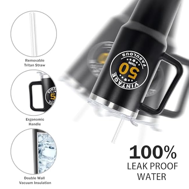 50th Birthday Tumbler - 40 OZ Stainless Steel Travel Mug with Handle and Straw - Keeps Drinks Cold/Hot for 12/6 Hours - The for Him/Her