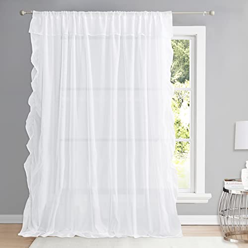 Nicetown 3 Layers Romantic Patio Door Curtains, Rod Pocket Soft Voile Sheer Ruffle Curtains In Shabby Chic Style With 2 Tie Backs For Bedroom/Princess Bed Canopy, W100 X L95, White, 1 Panel #TOP22