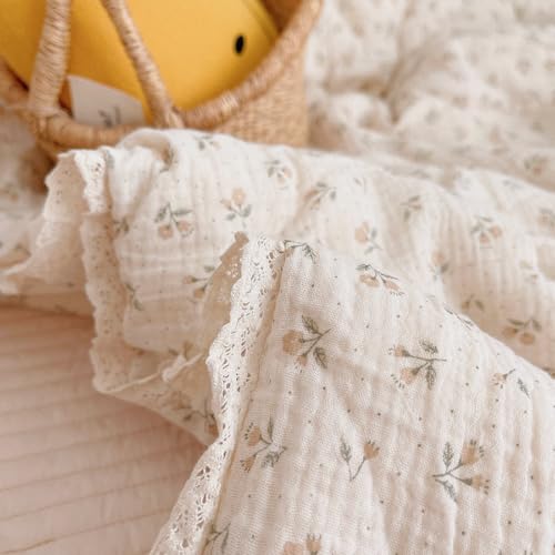 Image of BuLuTu Kids Toddler Comforter Quilted 100% Cotton Toddler Blanket Vintage Floral Print Muslin Quilt for Child Teens Girls Boys, Soft Breathable, Sprout Pattern, 47x59 Inches