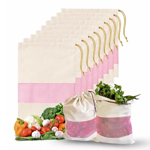 Image of Solitude Set of 9 Cotton Vegetable Bags Fridge Storage Bag Sabji Fruits Pouch Refrigerator Produce Muslin Reusable Washable & Multipurpose use Cloth Bags with Drawstrings