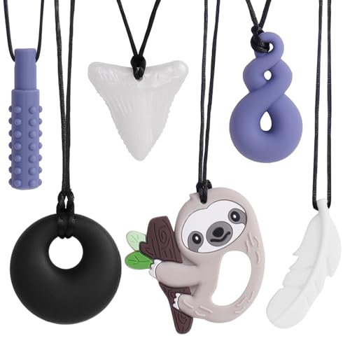 6 Stück Sensory Kauen Halskette Silikon Kaukette für Autistische Kinder Zahnen Angst Beißen Bedürfnisse ADHS Oral Motor Chewy mit Verstellbaren Schnalle für Baby Jungen Mädchen