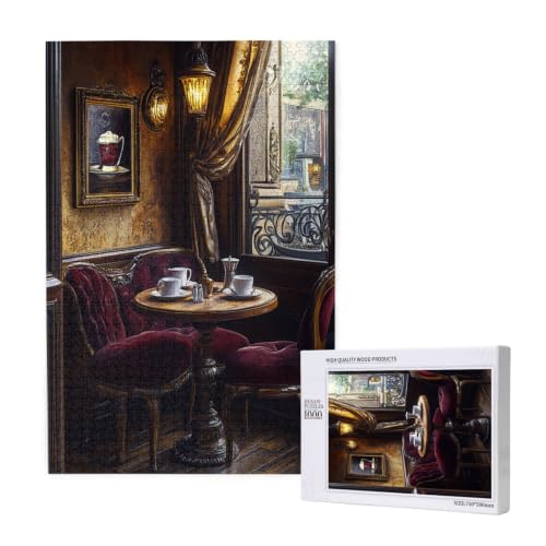 RMYRHQ Vintage Parisian Bistro Interior Art Wooden Jigsaw Puzzles for Adults 1000 Pieces Retro Red Velvet Chair Cafe Window Street Scene Puzzle Great for Coffee Lovers Birthdays and Xmas Presents - Image 2