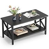 WLIVE Coffee Table for Living Room, 39" Modern 2-Tier Center Table with Round Corners, Storage Shelf, Farmhouse Style Small Coffee Table with Metal Frame, Black