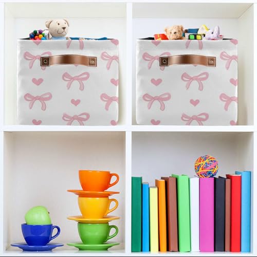 Image of Aslsiy Storage Basket Cute Coquette Pink Bow Nursery Bins White Baby Box Canvas Clothes Shelf Basket Laundry Hamper 2 Pcs