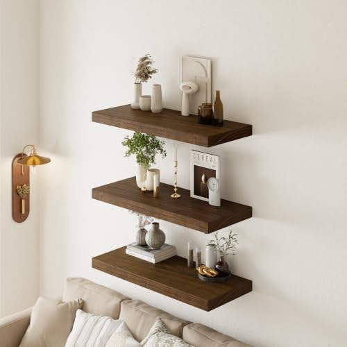 Image of 36 inch Extra Deep Floating Shelves, Set of 3, Walnut Wood | 36 inchL x 12 inchD x 1.8 inchH, Set of 3, Solid Paulownia Wood, Walnut Finish, Hidden Brackets, Hardware Included