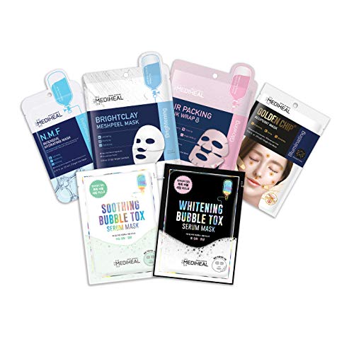 MEDIHEAL Premium Sheet Mask Set - NMF, Whitening Bubble Tox, Soothing Bubble Tox, Air Packing Pink, Bright Clay Meshpeel, Golden Chip Mask, 6 Variety Pack