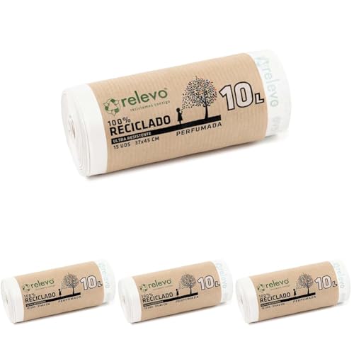Relevo Bolsas de Basura Pequeñas Blancas con Autocierre – 10L (Ancho 37 cm × Alto 45 cm), 15 Bolsas por Rollo | Perfumadas y Extra Fuertes | 100% LDPE Reciclado | Certificado Blue Angel (Paquete de 4)