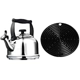 Le Creuset Wasserkessel Tradition Edelstahl & Le Creuset Silikon-Accessoires Topflappen rund schwarz
