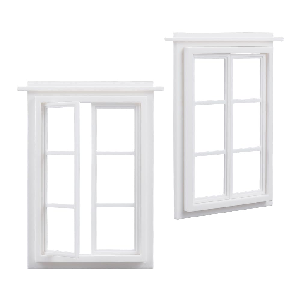 OLYCRAFT 2 Pack Miniature Window Frame 1:12 Scale White Plastic Mini House Window Rectangle Minihouse Windows Plastic 6 Panes Miniature Windows Ornament for Craft Projects and Model Building