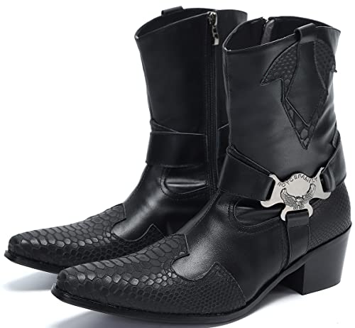 Santimon Men's Genuine Leather Western Cowboy Boots – Dress Casual Mid Top Boots with Belt Buckle Strap & Eagle Metal Emblem for Rodeo, Concert, Party Disco4