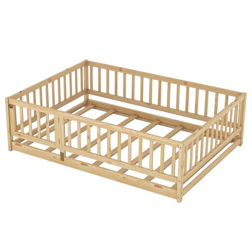 Image of Bellemave Full Size Montessori Floor Bed with Door & Slats, Solid Wood Kids Floor Bed Frame with High Safety Fence, Low Profile Bed for Boys & Girls, Natural