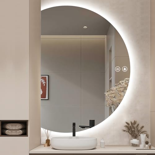 SXFSDOU LED Bathroom Mirror with Anti-Fog, Backlit Illumination, Dimmable 3 Color Settings, Wall Mounted, IP44 Rated, Half Circle Design, 900×630mm