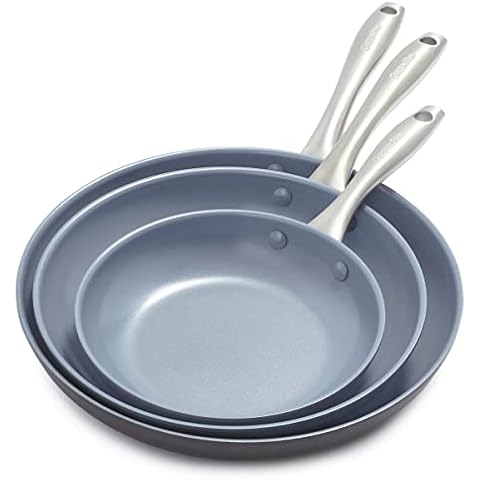 GreenPan Lima Hard Anodized 8" 10" & 12" Frying Pan Skillet Set, Ceramic Nonstick, PFAS-Free Nontoxic Pots & Pans, Oven & Broiler Safe, Stainless Steel Handles, Cookware for Eggs & Omelet, Gray Cover