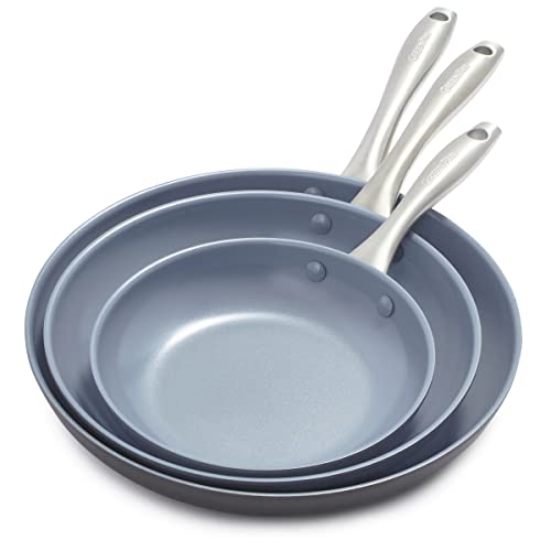 GreenPan Lima Hard Anodized 8" 10" & 12" Frying Pan Skillet Set, Ceramic Nonstick, PFAS-Free Nontoxic Pots & Pans, Oven & Broiler Safe, Stainless Steel Handles, Cookware for Eggs & Omelet, Gray by GreenPan - Used condition - US$80.35