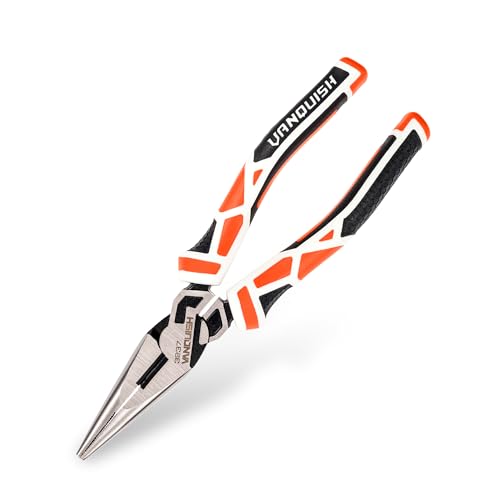 Vanquish 8 Inch High Leverage Needle Nose Pliers, Heavy Duty CR-V Steel, Large Soft Girp with Wire Cutters, Long Nose Cutting Pliers 3237