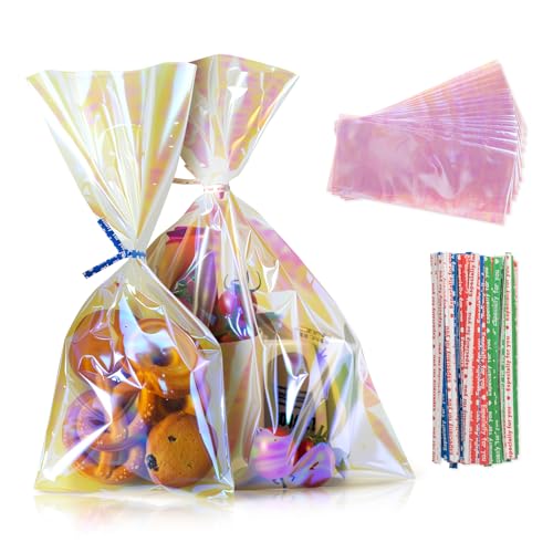 YOSOKI USOKI Iridescent Cellophane Bags, 100 PCS 4 x 9 Inch Transparent Holographic Gift Bags with Flat Bottom, Thick Clear Packaging Bags with Twisted Ties for Party Favors, Holidays & Gift Wrapping