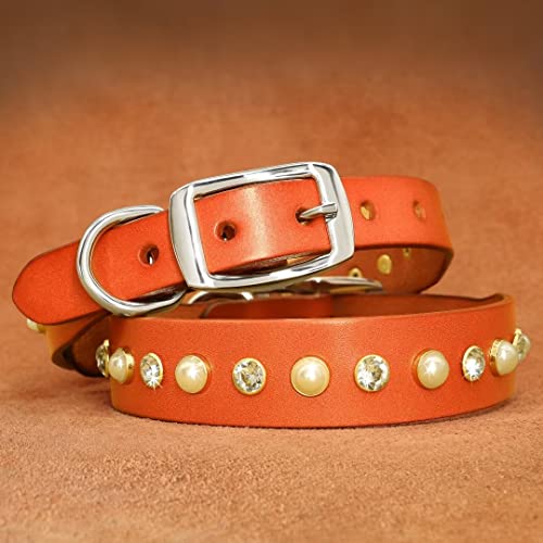 Beirui Soft Genuine Leather Dog Collar - Bling Dog Collar Leather With Pearls & Diamonds Studded - Adjustable Heavy Duty Dog Collars For Small Medium Dogs,Brown,Xs(Neck 7-10") #TOP1