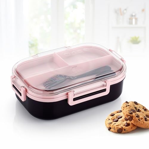 Image of ATTRO Carry Fresh Kids Plastic Lunch Box 3 Compartments & Fork, BPA-Free, Food-Grade, Ideal for School, Picnic, Travel & Outdoor Use- Purple Pink, 500 ml