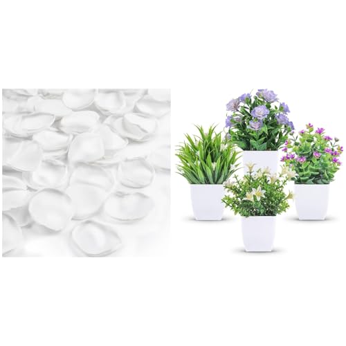 Der Rose Bundle of 300pcs Artificial Flowers Silk Fake White Rose Petals and 4 Pack Small Fake Plants for Home Room Farmhouse Desk House Bathroom Decor