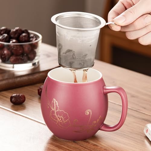 Image of Yundu 12 OZ Ceramic Mug with Lid & Tea Strainer - Matte Purple Tea Cup with Golden Flower, Stainless Steel Infuser for Loose Leaf Tea