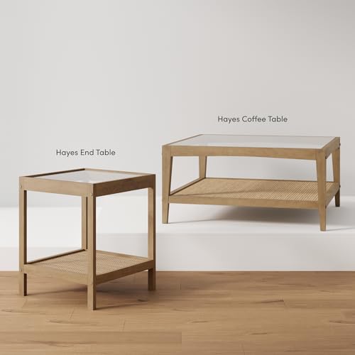 Image of Nathan James Hayes Glass Top Coffee Table, Solid Wood Coffee Table with Glass Top and Rattan Bottom Shelf, Light Brown