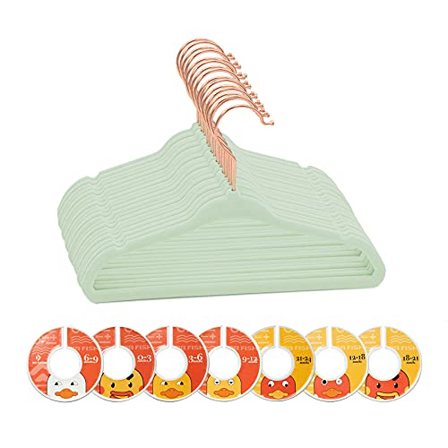 BBFISH Kids Velvet Hangers,50 Pack Children Clothes Hangers Ultra Thin Non Slip Clothes Racks with 7 Pcs Baby Clothing Dividers (Light Green)