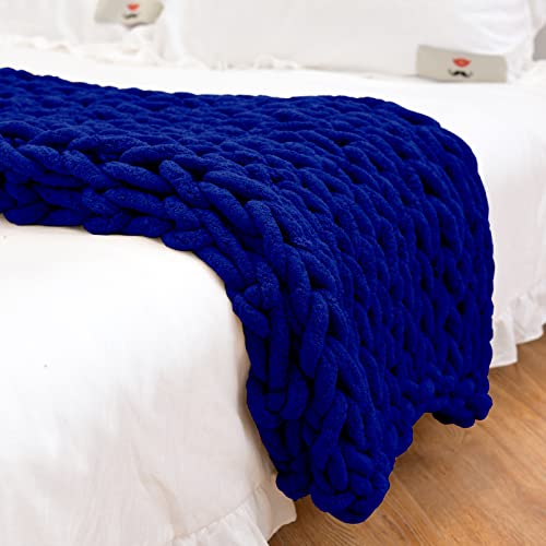 PRELGOSP Soft Chunky Knit Blanket, Handmade Knitted Blanket, Thick Warm Cable Knit Blanket Throw for Sofa Bed Armchair Garden and More,navy blue,100x120cm