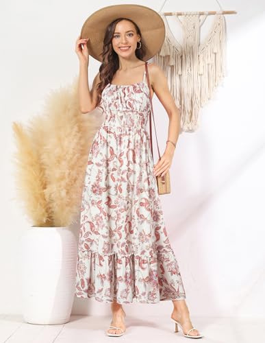 Image of GRACE KARIN Summer Dresses for Women 2026 Vacation,Smocked Floral Maxi Dress,Boho Beach Sundress with Pocket Fashion Clothing