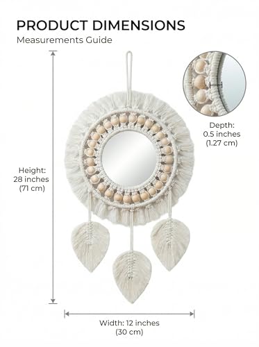 Image of JH Gallery Macrame Wall Decor Mirror - Round Cotton Rope Boho Hanging with Fringe & Beads for Stylish Home Decor, Macrame Wall Mirror for Bedroom, Living Room and Office Decor.(White)