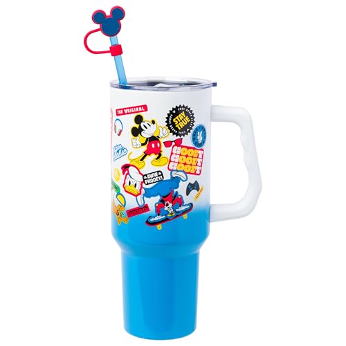 Image of Silver Buffalo Disney Mickey Mouse Stainless Steel Tumbler with Straw Cover, Lid, Straw, and Handle Featuring Donald Duck, Daisy Duck, Minnie Mouse, Mickey Mouse, Goofy, and Pluto, 40 Ounces